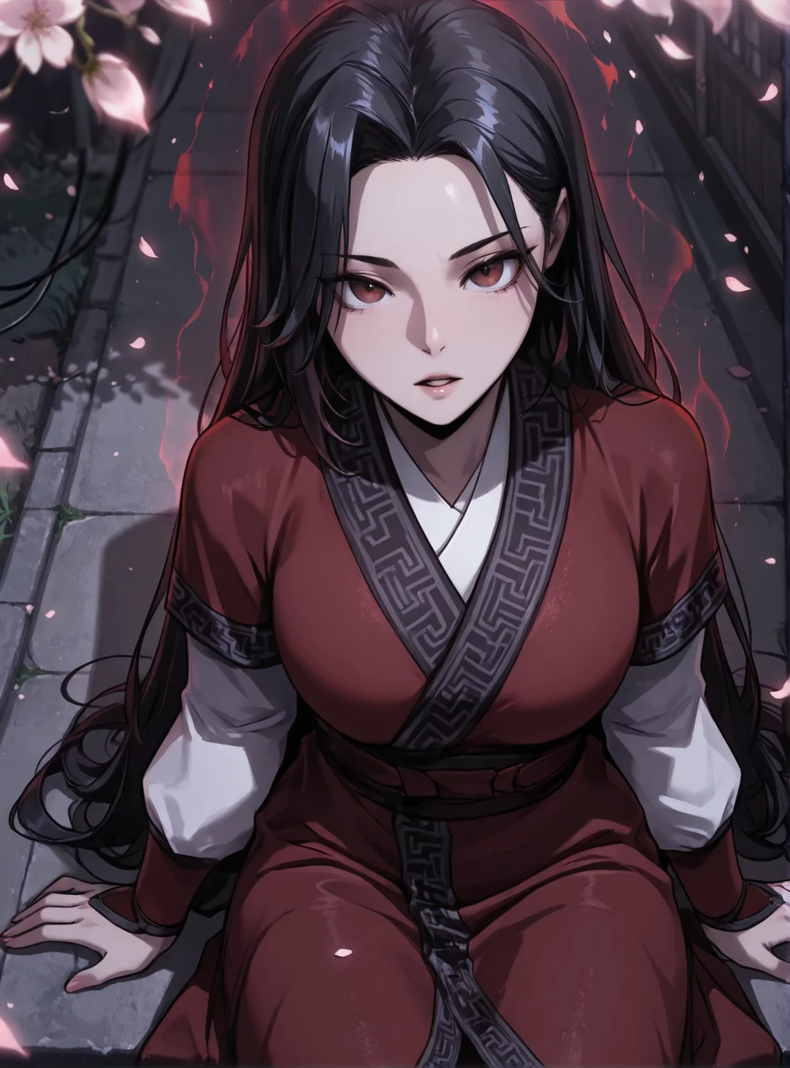 HDR,masterpiece, absurdres, newest, highres, very aesthetic, detailed eyes, fit body, godrays, ambient occlusion, soft lighting, highest quality, (volumetric lighiting:1.1), realistic skin, low lighting, trending on artstation, gothic,
adult, LGSPX, (anime screencap:1.3), anime screencap, Gu Huibi, black hair, long hair, dark red eyes, mature female,
BREAK
kimono,lighting aura,cherry blossoms,power lines,sitting,arms at side,sprawled,dynamic pose,looking up viewer,(from above:1.2),parted lips,perspective,black background,vignetting,chromatic aberration,depth of field,blurry,film grain,
<lora:princess_xl_v2:0.6> <lora:add-detail-xl:0.25> <lora:30_LOL:0.6> <lora:g0th1cPXL:0.4> <lora:Gu_Huibi-000091:0.7>