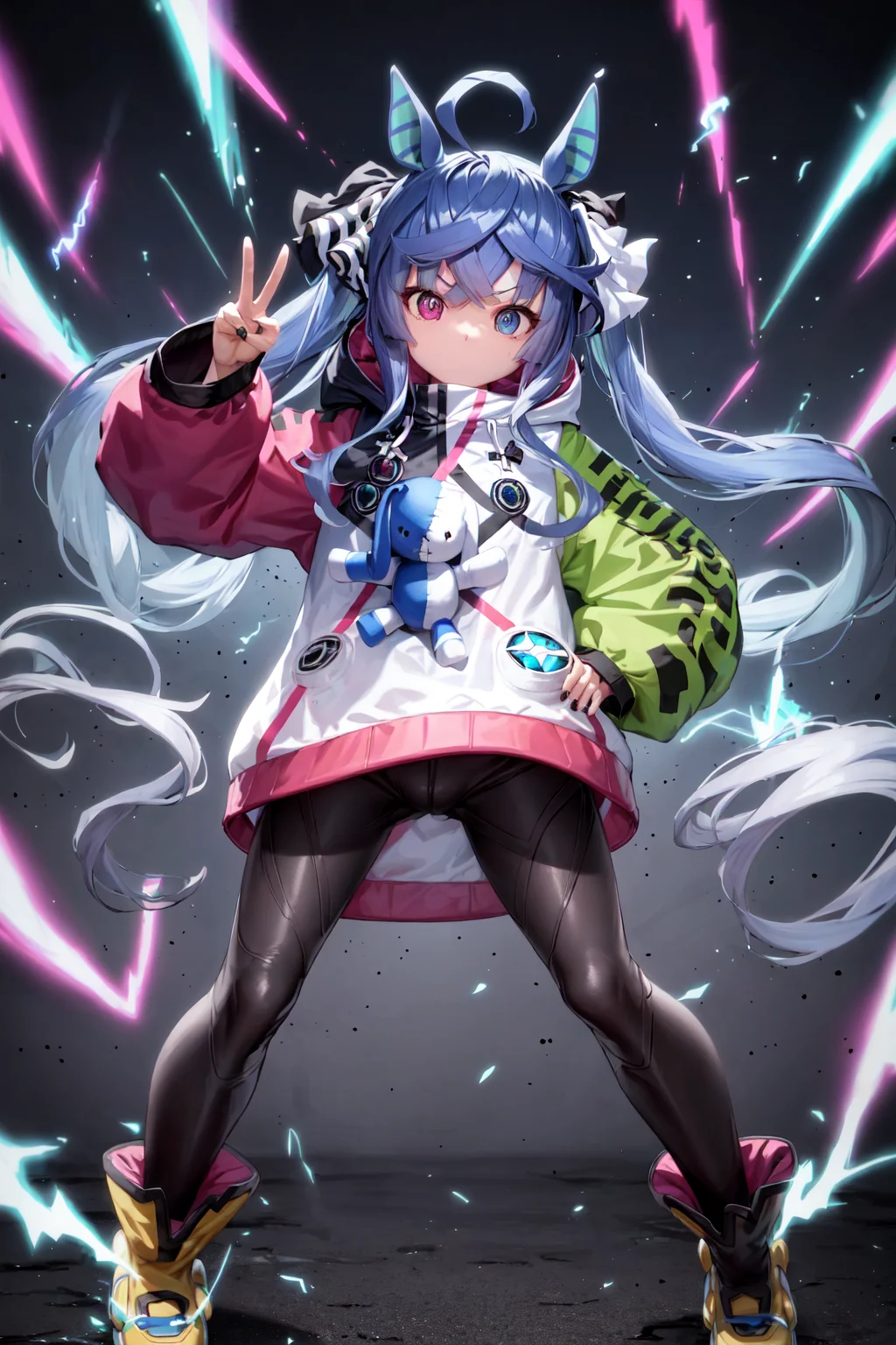 masterpiece, best quality,
twin turbo \(umamusume\),
full body, explosion, aura, lightning, electricity,
stuffed bunny, hoodie, hood down, hooded coat, puffy long sleeves, multicolored clothes, multicolored jacket, drawstring, nail polish, black bodysuit, ankle boots, yellow footwear,
<lora:twin_turbo_loha:0.7>