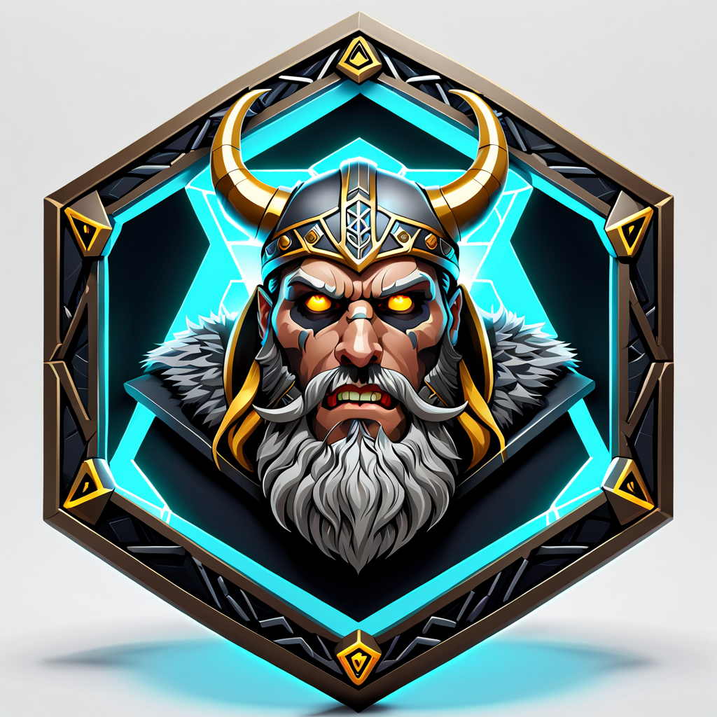 a hexagon with an undead viking , vector,  <lora:badgemkrsdxl:0.9>, best quality, badgemkrsdxl, white background, 2.5d, glowing eyes, fantasy,