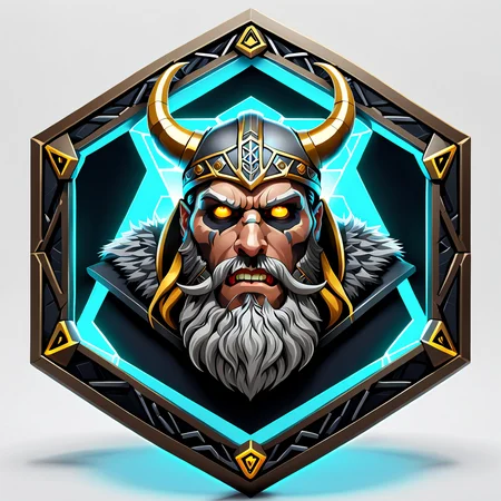 a hexagon with an undead viking , vector, <lora:badgemkrsdxl:0.9>, best quality, badgemkrsdxl, white background, 2.5d, glowing eyes, fantasy,