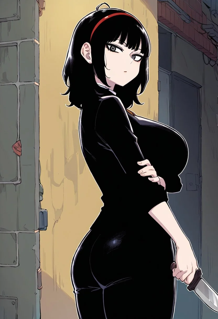 score_9, score_8_up, score_7_up, score_6_up, (cartoon art:1.1), rating_explicit, 1girl, solo, huge breasts, <lora:Seol Hyo-rim prefectPonyxl:0.85> black hair, gray eyes, black eyes, medium hair, red hairband, straight bangs, black suit, black pants, hiding, (with a knife in her hand:1.1), expressionless, looking at the viewer, arms crossed, (back of an alley:1.1)