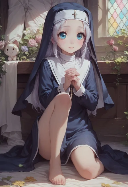 score_9, score_8_up, score_7_up, maria, nun,1girl, long hair, detailed blue eyes, cute, adorable, innocent, full body shot, detailed, pure, soft, young, sitting