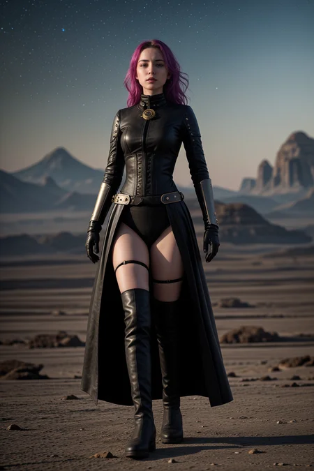 female steampunk inventor,  during a galactic alignment casting cosmic shadows, ancient battlefield littered with relics in background. Award-winning, professional, highly detailed. <lora:picxer_real:0.7>, (HDR, High Dynamic Range, vibrant colors, high contrast, detailed, UltraHD, 8K, cinematic, 80mm, high detail)
