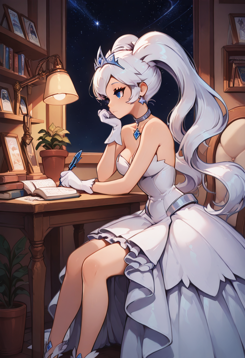 masterpiece, best quality, 1girl, solo, eyelashes, medium breasts, narrow waist,    zzIvoryPrincess, blue eyes, long hair, white hair, twintails,  tiara, white dress, white gloves, strapless dress,   <lora:IvoryPrincess_IXL:1.0>,, zzLofi, sitting, side view, desk, chair, book, bookshelf, head rest, holding, holding pen, lamp, night, open book, pen, plant, potted plant, sky, star (sky), starry sky, window, windowsill, writing, <lora:LofiGirl_Style_IXL:0.8>,