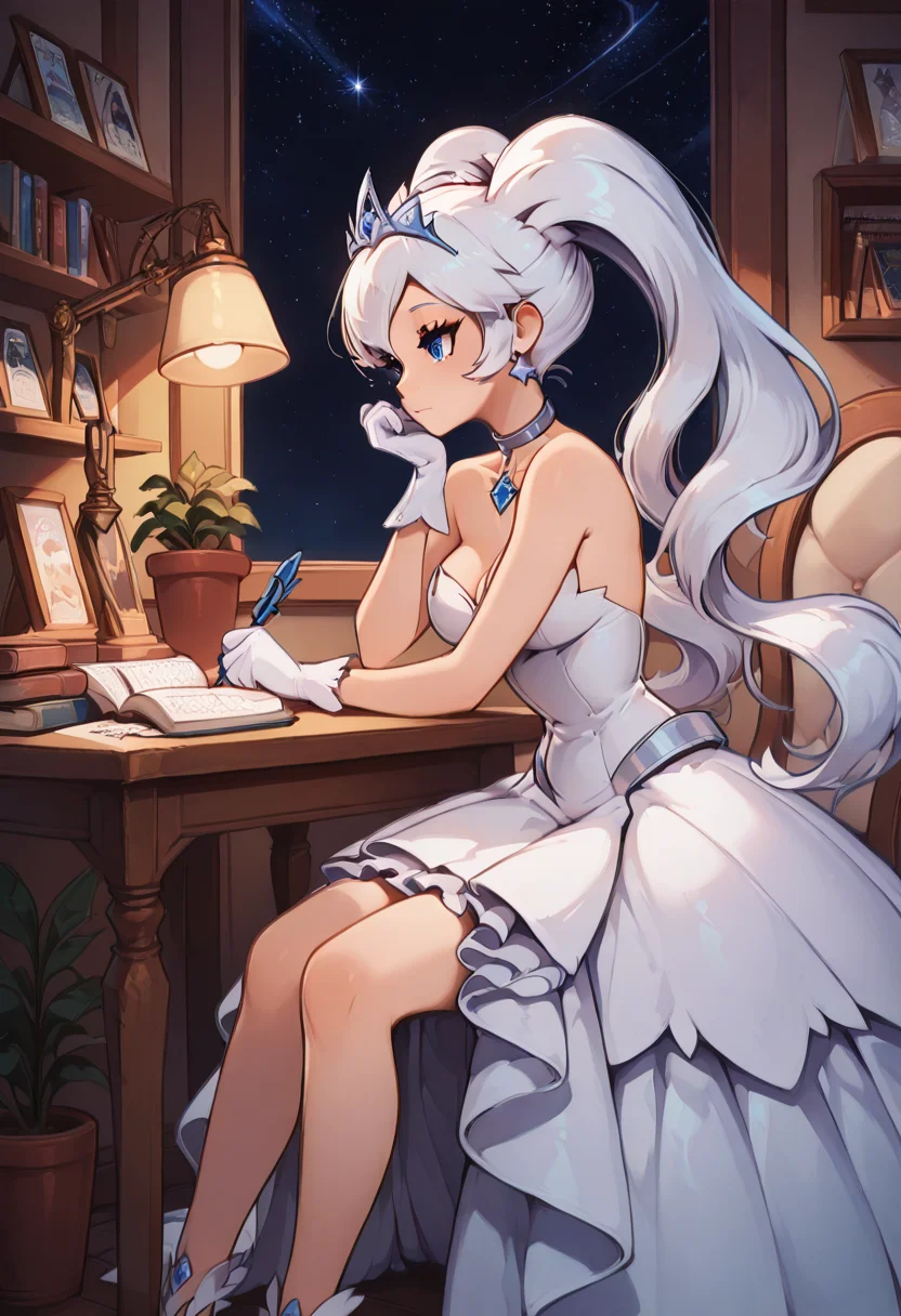 masterpiece, best quality, 1girl, solo, eyelashes, medium breasts, narrow waist, zzIvoryPrincess, blue eyes, long hair, white hair, twintails, tiara, white dress, white gloves, strapless dress, <lora:IvoryPrincess_IXL:1.0>,, zzLofi, sitting, side view, desk, chair, book, bookshelf, head rest, holding, holding pen, lamp, night, open book, pen, plant, potted plant, sky, star (sky), starry sky, window, windowsill, writing, <lora:LofiGirl_Style_IXL:0.8>,