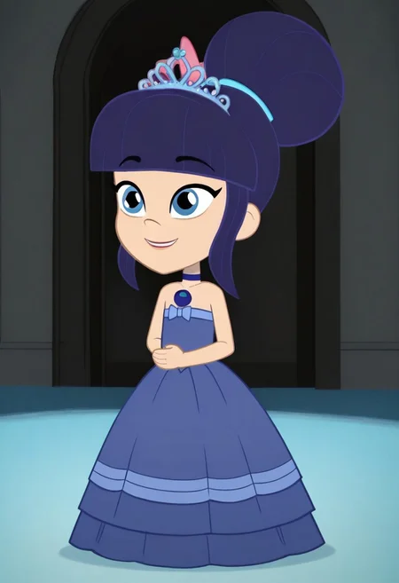 Blueberry_Muffin, 1girl, solo, dark blue hair, very big bun, flat bangs, light skin, blue-grey eyes, light blue hair tie, light pink flower, dark blue choker, long large dark blue floor length gown, ball gown, rhimestones. She is also wearing a tiara, hoop skirt, dome shape skirt, quinceanera, prom, pageant, full body, smile