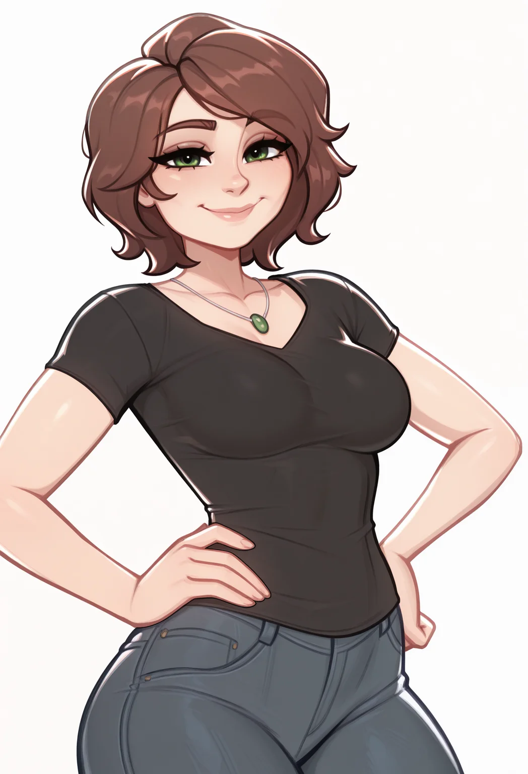 1girl, solo, hand on own hip, looking at viewer, smile, white background,
short hair, brown hair, green eyes, mature female,
black shirt, short sleeves, necklace, jeans, denim,
masterpiece, best quality, <lora:auntcass-guy90-Illust-LoraV2:1>, ssanua, <lora:Blushyspicy-guy90-IllustriousV101:1>, yciblu