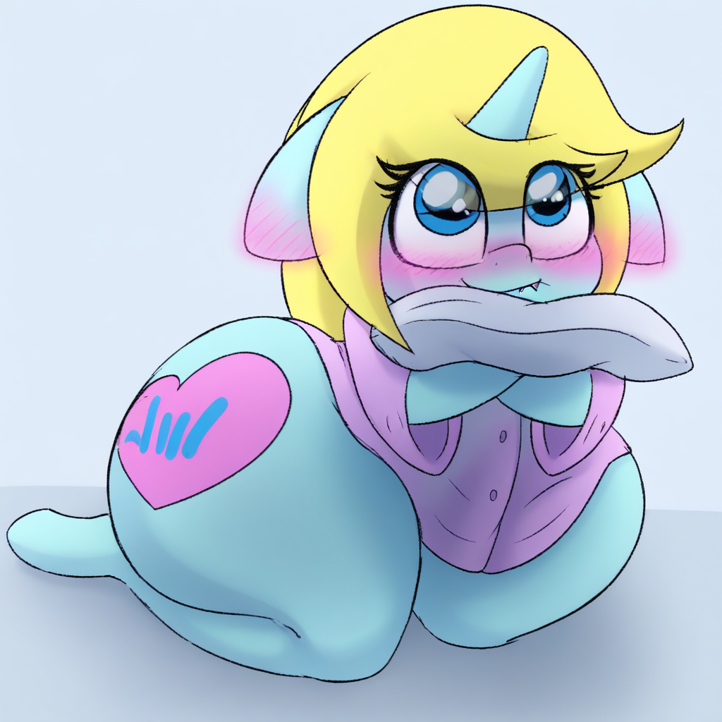 safe, artist:lefthighkick, blushing, clothes, cute, pajamas, pillow, wide hips,(Lyrical Touch,OC:Lyrical Touch,short female unicorn pony, light cyan fur, long blonde mane, flowing blonde tail, icy blue eyes, pastel colors, pink blush, unicorn horn, heart-shaped cutie mark with stylized blue hand sign, soft expression, gentle face, shark teeth, Huge butt, Wide hips, thick thighs),shortstack