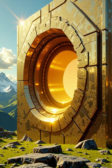 <lora:Legacy_of_the_forerunners_v.2:0.8>
A monumental structure forged from a seamless assembly of polished golden alloys rises like a mechanical monolith against a sunlit mountain valley, its surface densely packed with circuit-like engravings and modular compartments that evoke the language of alien megastructures and deep-space engineering. The faÃ§ade is dominated by a massive central aperture outlined in concentric octagonal frames, its form echoing sacred geometry while radiating a sense of precise, cold intelligence. The entire surface glistens with hyperreal clarity, reflecting the surrounding alpine landscapeâsnow-capped ridges, grassy plateaus, and drifting cloudsâin high-fidelity mirror-like panels that infuse the mechanical form with a surreal harmony between nature and technology. Every visible component is integrated into a parametric grid system, enriched with fractal subdivisions and micro-reliefs that suggest advanced data conduits and energy matrix channels. Glowing amber light seeps through narrow seams between the golden segments, creating high-contrast highlights that dance across the reflective surfaces, emphasizing depth, mass, and geometric rhythm. Captured with a shallow depth of field using a high dynamic range lens at a low-angle upward tilt, the image emphasizes the towering presence and hyperarchitectural intricacy of the artifact, grounding it in both realism and mythic grandeur.
