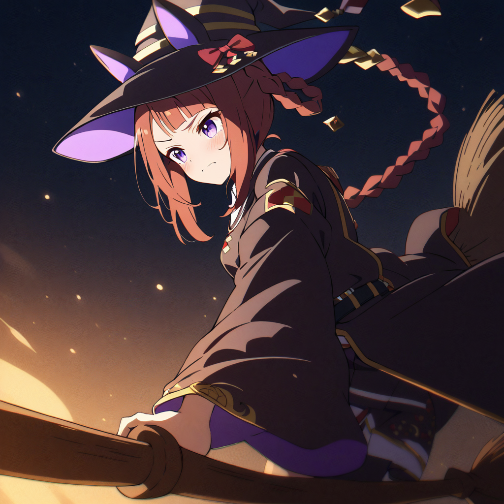 1girl, sweep tosho \(umamusume\), night sky,  broom riding,
masterpiece, best quality,highres, 4k, 8k, intricate detail, cinematic lighting, amazing quality, amazing shading, soft lighting, Detailed Illustration, anime style, wallpaper ,  <lora:broom_riding_v2:0.9>