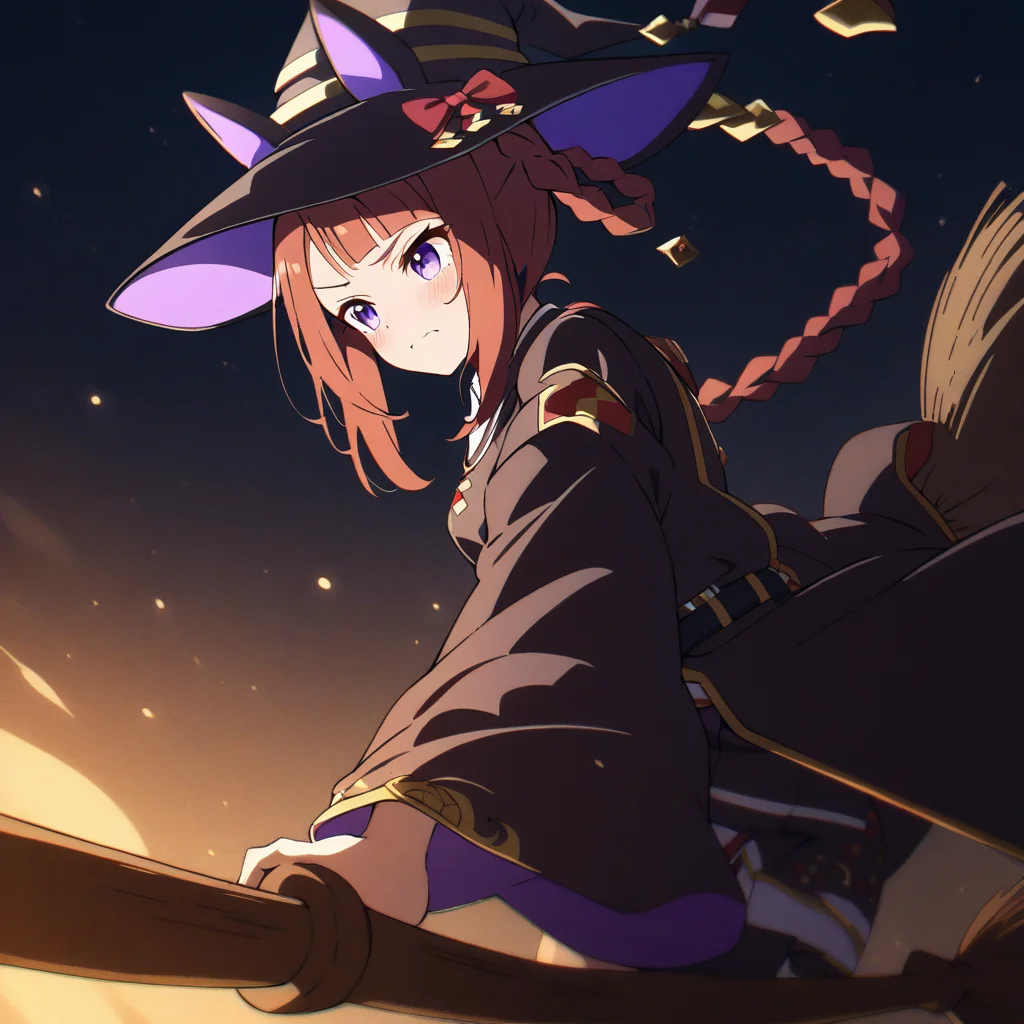 1girl, sweep tosho \(umamusume\), night sky,  broom riding,
masterpiece, best quality,highres, 4k, 8k, intricate detail, cinematic lighting, amazing quality, amazing shading, soft lighting, Detailed Illustration, anime style, wallpaper ,  <lora:broom_riding_v2:0.9>