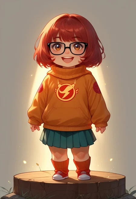 score_9, score_8_up, score_7_up, source_anime, solo, adorable chibi Velma Dinkly, happy, Velma's clothes, (chibi body:1.4), (indirect lighting, dynamic lighting:1.4), simple background, chibi art style, (detailed image, high resolution, 5k resolution:1.0), (realistic style, chibi art style, las lindas Art Style:1.2)