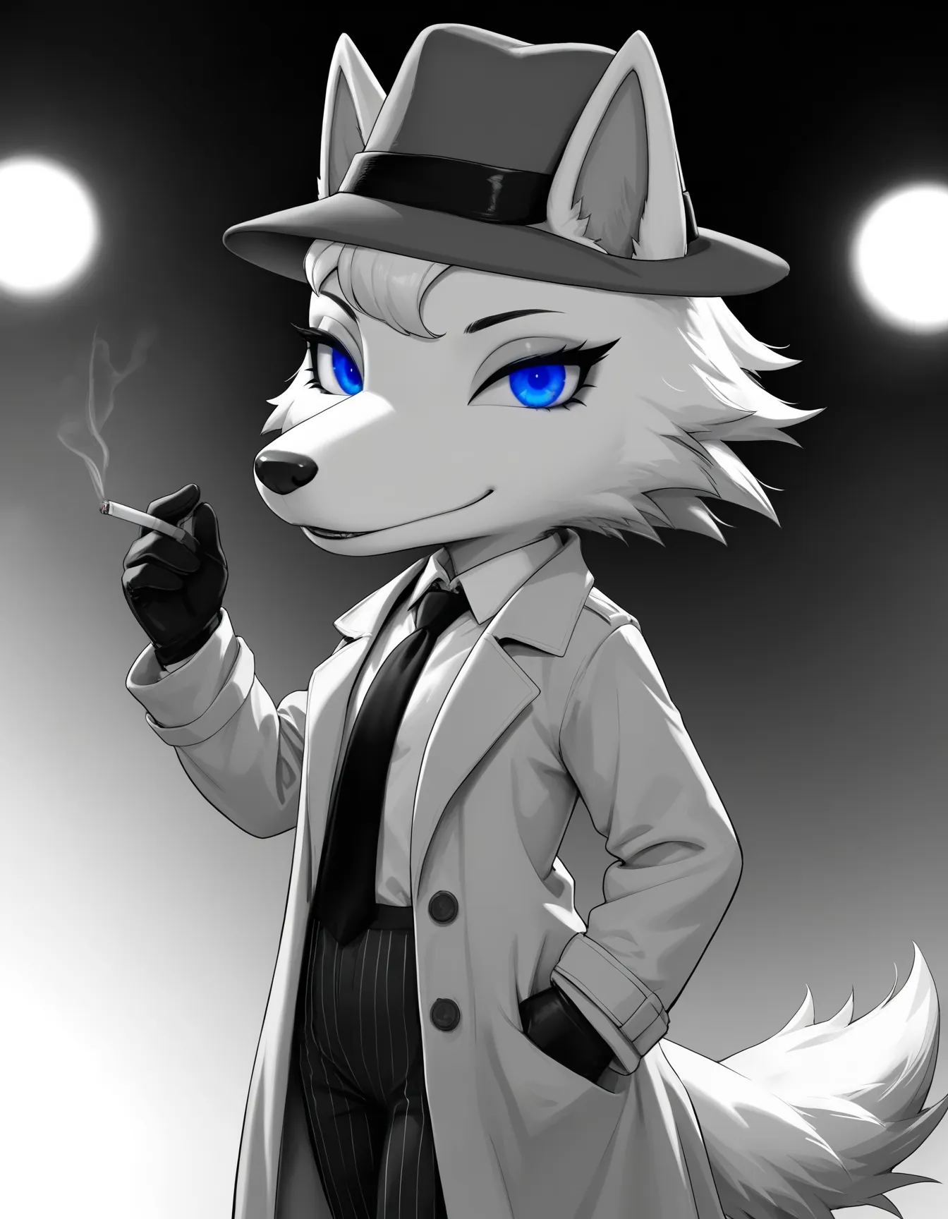 masterpiece, best quality, newest, absurdres, highres, safe, whitneyc, wolf, white fur, flat chest, 1girl, female, solo, blue eyes, black nose, from side, looking at viewer, amused, smirk, hand up, tail, cowboy shot, black and white, greyscale, detective, tan trench coat, long coat, black gloves, fedora, pinstripe trousers, tie, collared shirt, smoking cigarette, mysterious expression, noir style, urban setting, shadowy lighting, ears,
<lora:Whitney_v2Noob3s96:1> <lora:noobai_ep11_stabilizer_v0.138_fp16:0.8>