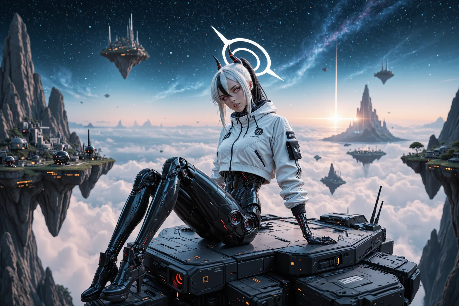 masterpiece, best quality, good quality, very aesthetic, absurdres, newest, 8K, film grain, photorealistic, scenery, neon glow, (floating island, starry sky, spaceship:0.9), angular, sleek, futuristic, science fiction, cyberpunk, aidmaFLuxPro1.1, aidmaImageUpgrader BREAK young 1girl, [(kayoko_\(blue_archive\):0.99):(kayoko_\(blue_archive\):0.6):0.5], cyborg, robot girl, mechanical body, open cropped jacket, white jacket, parted lips, (light smile:0.7), white halo, head tilt, dynamic pose, sitting, streaked hair, white hair, black ponytail, (horns:0.9), hair between eyes, red eyes, white pupils, glamour <lora:aidmaFLuxPro1.1-IL-v0.3:0.3> <lora:- iLL - the_edgy_mech_V3.0:0.4> <lora:aidmaImageUpgrader-v0.3-IL:0.3> <lora:aidmaMJ6.1_v0.5_IL:0.2> <lora:Mechanism-Illustious:0.3> <lora:RealisticIL-000001:0.1>