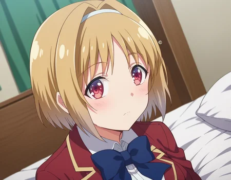 score_9, score_8_up, score_7_up, source_anime,
kikyoukushida, <lora:kikyou-kushida-s2-ponyxl-lora-nochekaiser:1>,
kikyou kushida, short hair, blonde hair, red eyes, hairband, hair intakes,
shirt, long sleeves, bow, school uniform, jacket, white shirt, bowtie, blue bow, blazer, red blazer,
indoors, bed, bed room, on side, blush, drunk,
looking at viewer, dutch angle, cowboy shot,