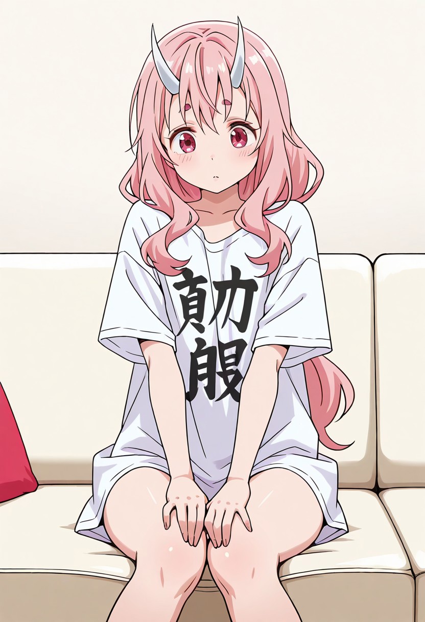 solo, woman, shuna, oni, long hair, pink hair, white horns, oversized t-shirt, hands on legs, sofa, room, high quality, best quality, masterpiece, 4k resolution, anime