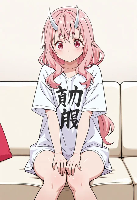solo, woman, shuna, oni, long hair, pink hair, white horns, oversized t-shirt, hands on legs, sofa, room, high quality, best quality, masterpiece, 4k resolution, anime