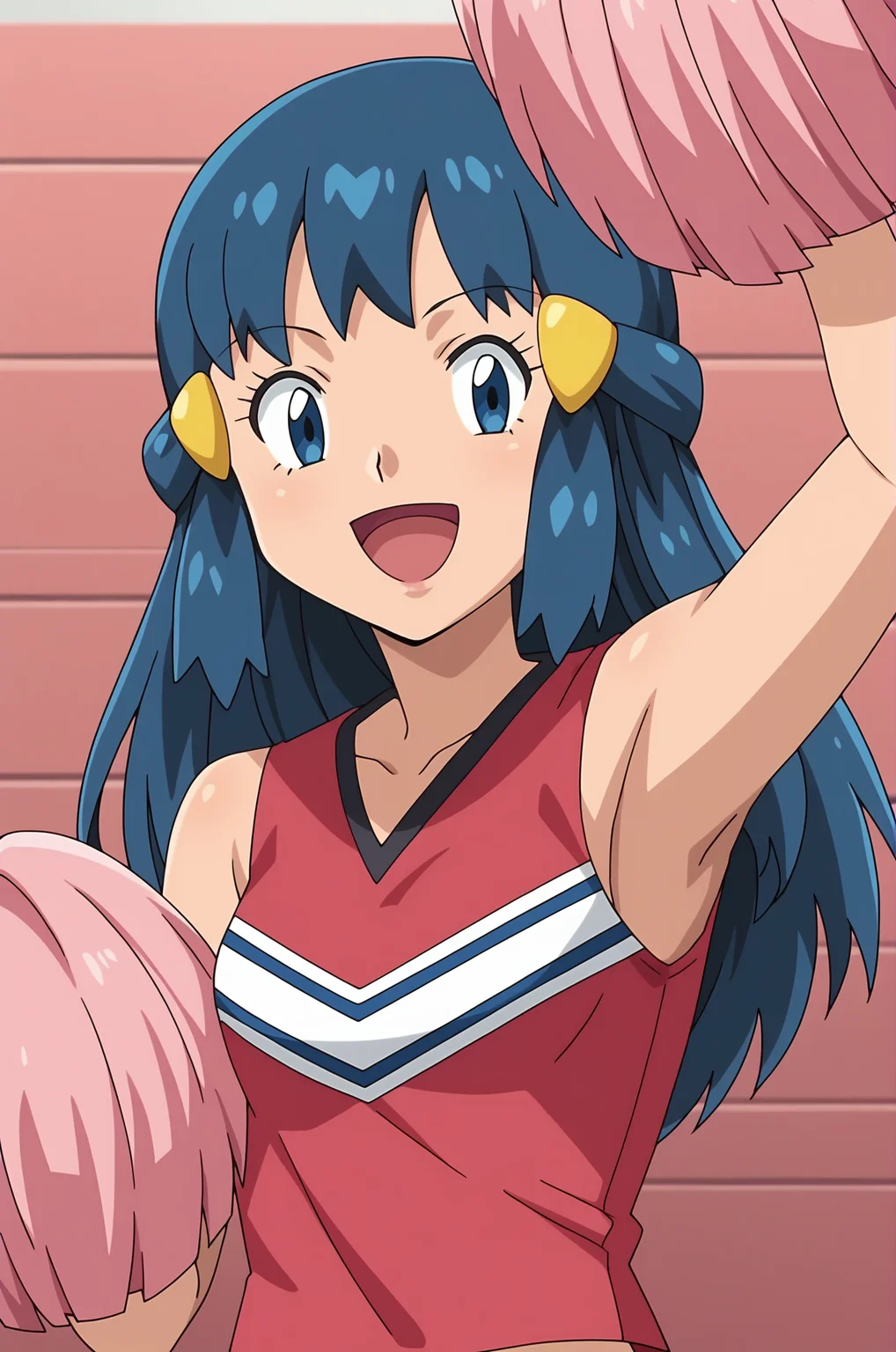 score_9, score_8_up, score_7_up, source anime, anime, animification, anime screencap, anime coloring, vivid colors, shiny skin, skindentation, deep skin, depth of field, high quality, highres, (dynamic angle,dynamic pose),
dawncheerxl, 1girl, solo, long hair, looking at viewer, smile, open mouth, blue eyes, shirt, hair ornament, blue hair, upper body, :d, sleeveless, tongue, hairclip, eyelashes, sleeveless shirt, pink background, pink shirt, cheerleader, pom pom, (cheerleading), dawn \(pokemon\)
BREAK
masterpiece,high quality
<lora:Dawn_CheerleaderXL-10:0.9>