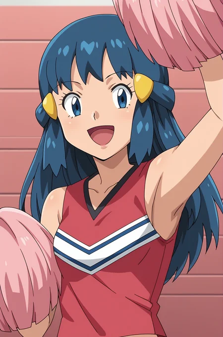score_9, score_8_up, score_7_up, source anime, anime, animification, anime screencap, anime coloring, vivid colors, shiny skin, skindentation, deep skin, depth of field, high quality, highres, (dynamic angle,dynamic pose),
dawncheerxl, 1girl, solo, long hair, looking at viewer, smile, open mouth, blue eyes, shirt, hair ornament, blue hair, upper body, :d, sleeveless, tongue, hairclip, eyelashes, sleeveless shirt, pink background, pink shirt, cheerleader, pom pom, (cheerleading), dawn \(pokemon\)
BREAK
masterpiece,high quality
<lora:Dawn_CheerleaderXL-10:0.9>