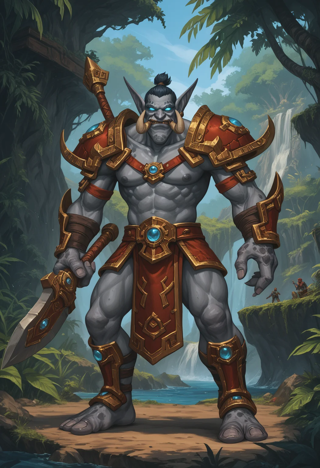 zPDXL3, score_9_up, score_8_up, score_7_up, detailed, (best quality:1.2), hi res, digital media \(artwork\), vivid color BREAK lush jungle, full shot, zandalari_wow, troll, gray skin, glowing eyes, short hair, tusks, warcraft, pointy ears, 3 fingers, 2 toes, muscular, armor, warrior, weapon, action pose, looking away <lora:detailed_notrigger:1> <lora:ZandalariTroll_WoW_V1:0.85>