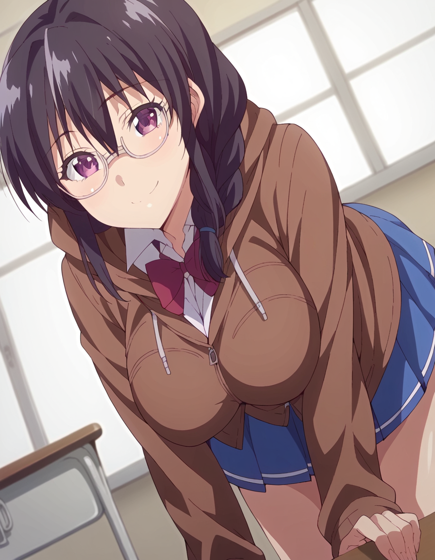 score_9, score_8_up, score_7_up, source_anime,
fumikasaitou, <lora:fumika-saitou-ova-ponyxl-lora-nochekaiser:1>,
fumika saitou, long hair, black hair, purple eyes, braid, glasses, single braid, hair over shoulder, large breasts,
school uniform, jacket, brown jacket, hood, hoodie, brown hoodie, hood down, long sleeves, skirt, blue skirt,
indoors, classroom, bent over, smile,
solo, dutch angle, looking at viewer, cowboy shot,