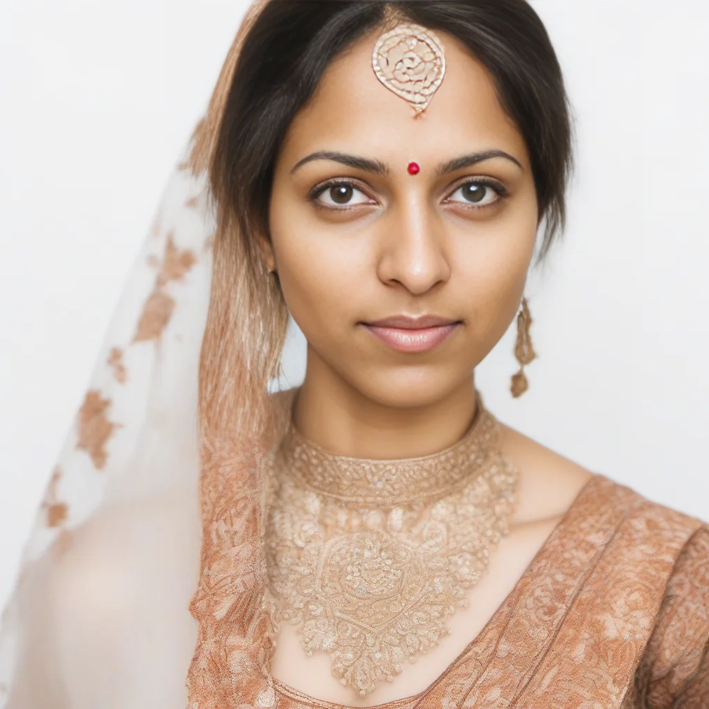 desimocha, headshot photo, close up, woman, intricate indian dress, flat matte white background, natural lighting, studio quality, natural skin color <lora:DesiCoffeeSDXL-000002:1>