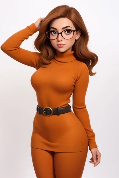 1girl as cartoon character, orange wool sweater dress, large belt, facing camera, perfect hands, high heels, brown hair, short pageboy hair, perfect big eyes, looking at viewer, round breast, wide hips, white background, clean background, <lora:p3r3zstyle:0.8>, kkw-ph1, pastel, see through, bulging thighs, camel toe, showing ass, leggings, thick square glasses, nerd, geek, thick turtleneck collar