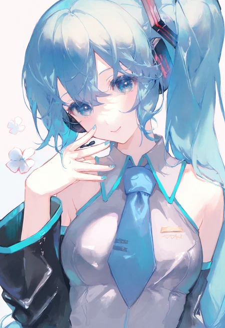 <lora:match2_noob1.1-000190:1>,
1girl, solo, necktie, hatsune miku, long hair, smile, upper body, shirt, detached sleeves, blue necktie, looking at viewer, sleeveless shirt, flower, closed mouth, sleeveless, blue eyes, collared shirt, black sleeves, blue hair, side ponytail, grey shirt, bare shoulders, hand up, head tilt, white flower, breasts, blue nails, headphones, very long hair, nail polish, hair ornament, hair between eyes, wide sleeves, twintails, aqua nails, medium breasts, long sleeves,
masterpiece,best quality,newest,absurdres,highres,very awa,