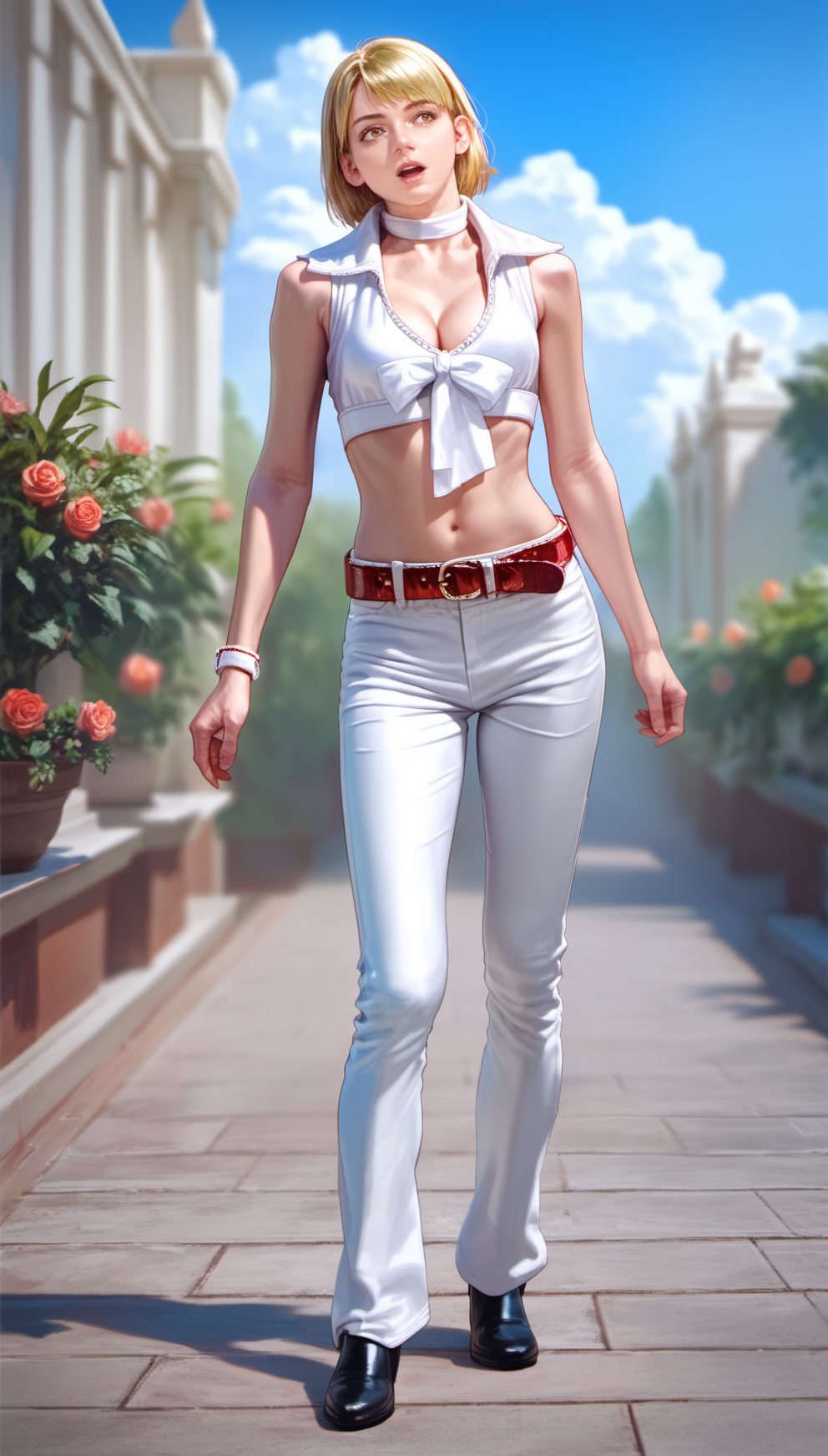 score_9,score_8_up,score_7_up,
<lora:ashleygraham:0.9>,
ashleygraham,
photorealism,
1girl,solo,blonde hair,bob cut,bangs,
golden eyes,eyes looking to the side,open mouth,
white crop top,white neck strap,white bow,red brown belt,white wristband,white pants,(black shoes),full body,standing,head tilt,
outdoors,blue sky,cloud,elegant mansion with a beautiful garden and courtyard,vignetting,blurry background,