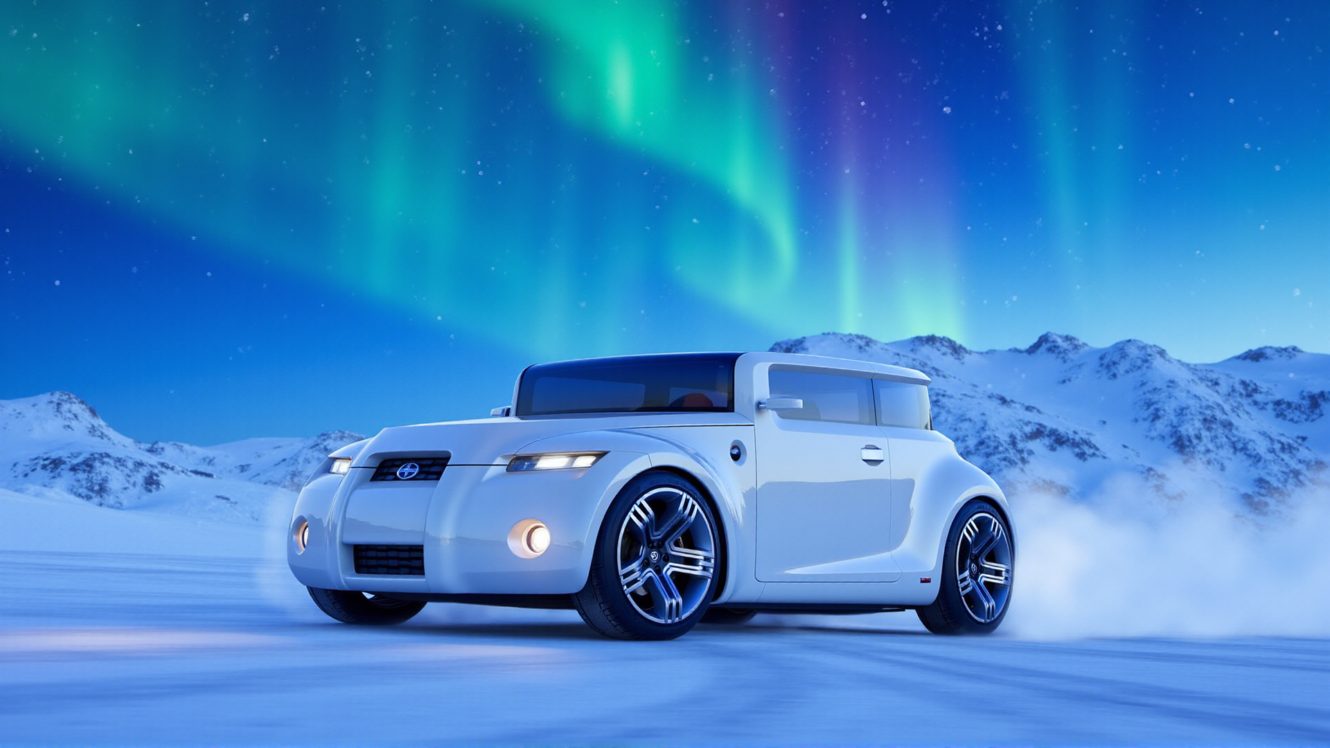 The Scion Hako Coupe Concept racing across a frozen tundra under a vivid aurora borealis. The car is painted in a frosty white livery with subtle icy blue stripes that complement the icy environment. The wraparound panoramic glass reflects the dancing lights in the sky, while the LED headlights and fog lights are on, piercing through a light snowfall. The polished wheels glisten against the icy ground, and distant glacier cliffs and frozen lakes add depth to the scene, emphasizing the carâs sleek and futuristic form
 <lora:ral-hkcpcncpt_000004000:1>