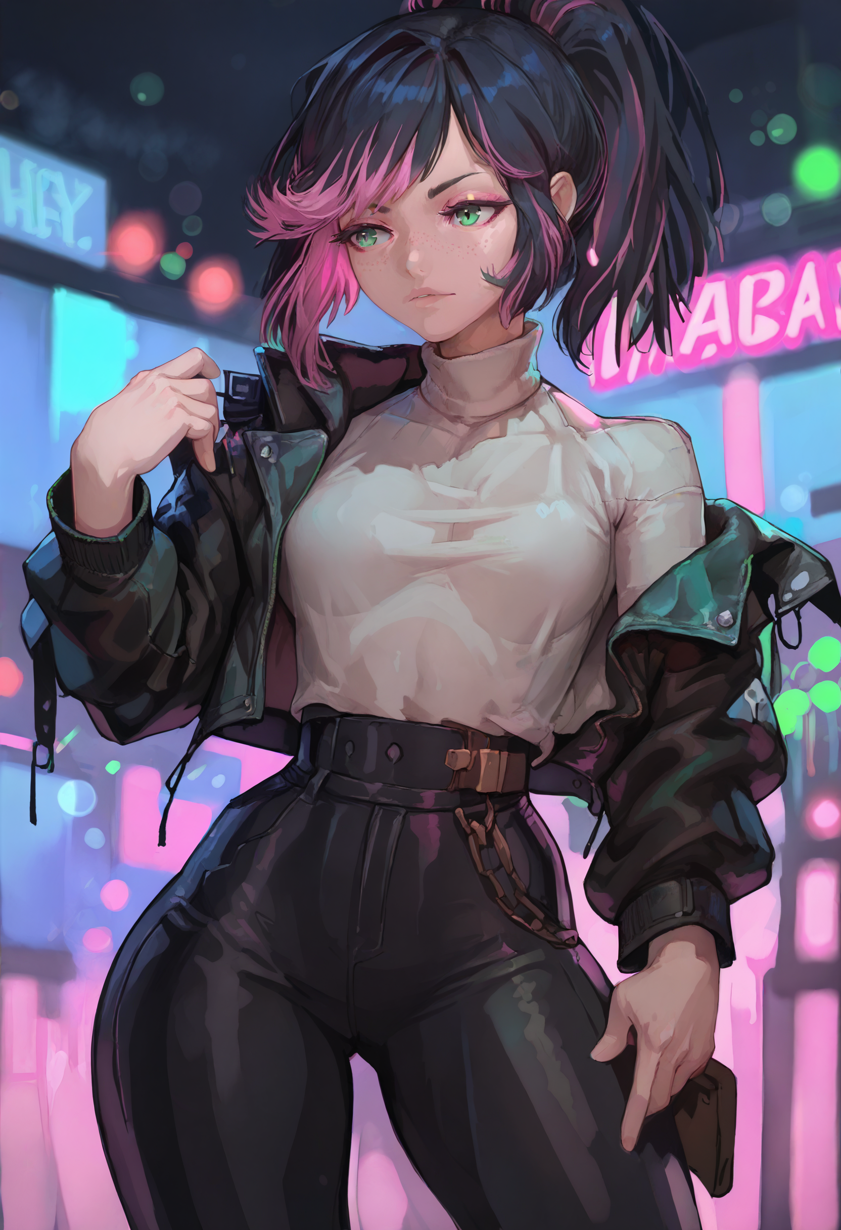 score_9, score_8_up, score_7_up BREAK solo, 1girl, cowboy shot, nightclub, neon lights, bokeh, depth of field, black hair, pink dyed hair, ponytail, bangs, green eyes, freckles, makeup, leather jacket, turtleneck, high waist pants <lora:ujac_pd_unet_t2:1>