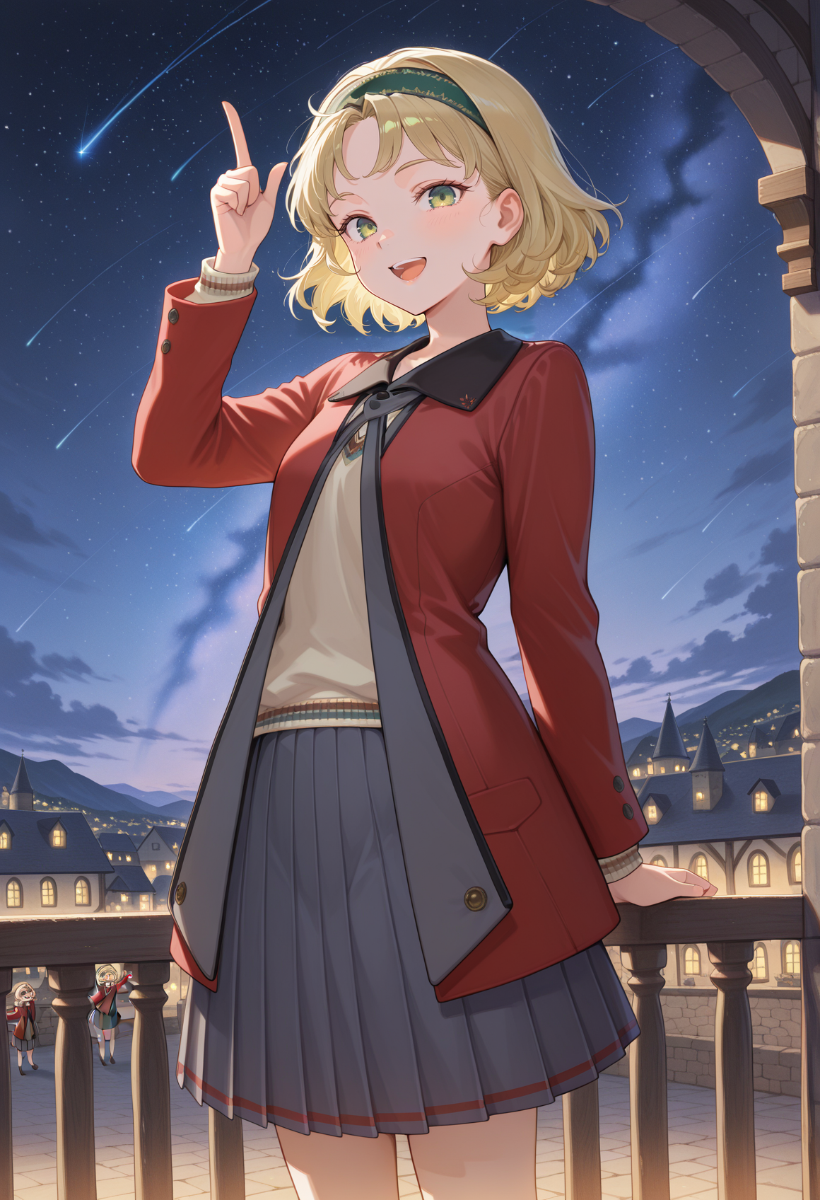 1girl, blonde hair, short hair, hairband, green eyes, school uniform, pleated skirt, red blazer, sweater, outdoors, night, balcony, arm support, pointing up, starry sky, shooting star, looking at viewer, smile, open mouth, standing, medieval  <lora:nina_illus:1>, masterpiece, best quality, amazing quality, very aesthetic, absurdres, highres, newest