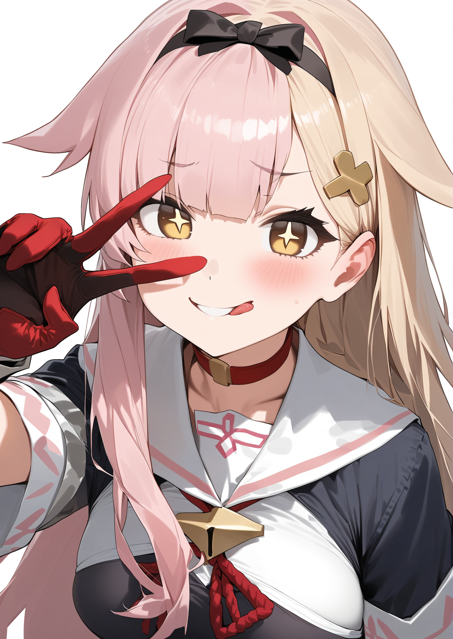 1girl, 
yuudachi kai ni \(kancolle\), kantai collection, 
solo, bow, hairband, symbol-shaped pupils, star \(symbol\), looking at viewer, ribbon, multicolored hair, medium breasts, two-tone hair, upper body, yellow eyes, blood, licking lips, multicolored dress, evil smile, black hairband, short hair with long locks, v over eye, blonde hair, hair ornament, evil grin, simple background, pink hair, breasts, dark persona, tongue, grin, long hair, red gloves, open mouth, streaked hair, artist name, bowtie, smile, v, eyelashes, blush, school uniform, star-shaped pupils, multicolored clothes, tongue out, black eyes, gloves, red dress, blood splatter, dress, 
masterpiece, best quality, very aesthetic, absurdres, sfw
 <lora:a31_style_momomo-000011:1>