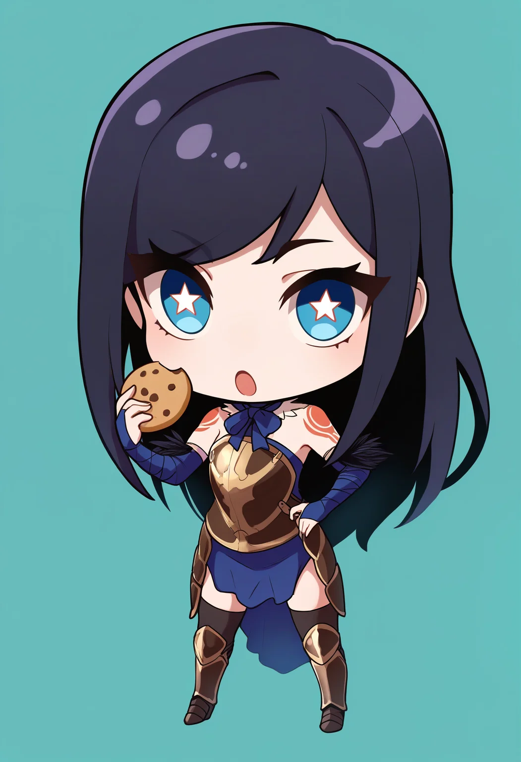 masterpiece, best quality, 1girl, full body, chibi, holding cookie, :o, star-shaped pupils, <lora:ShanoaCV-illu:1> shanCV, long hair, black hair, blue eyes, blue dress, bare shoulders, tattoo, blue bowtie, armor, breastplate, bridal gauntlets, feather trim, black thighhighs, greaves, aqua background