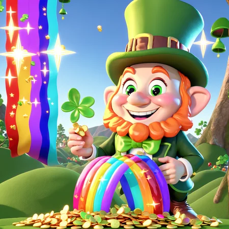 ukj style, 8k, best quality 3d cgi leprechaun, lucky charms, large rainbow stream, soft lighting, ray traced<lora:rainow_sdxl_ukjstyle_v111602-000003:1>
