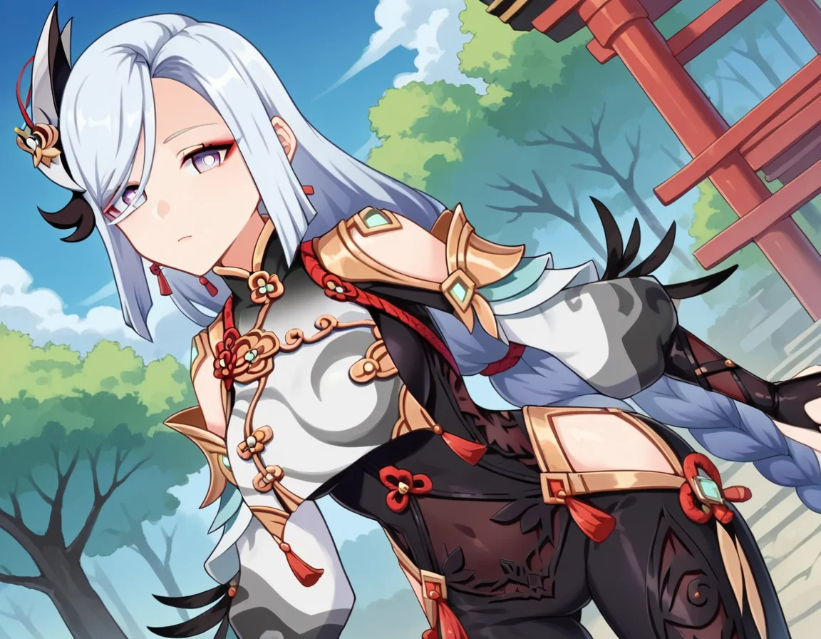 score_9, score_8_up, score_7_up, source_anime,
shenhe, <lora:genshin-shenhe-ingame-ponyxl-lora-nochekaiser:1>,
shenhe, blue eyes, braided ponytail, earrings, eyelashes, eyeliner, eyes visible through hair, eyeshadow, hair between eyes, makeup, red eyeshadow, sidelocks, single earring, symbol-shaped pupils, tassel, tassel earrings, white hair, long hair,
arm support, bare shoulders, black bodysuit, black gloves, bodysuit, breast curtain, chinese knot, clothing cutout, covered navel, detached sleeves,gloves, gold trim, hip vent, jewelry, long sleeves, partially fingerless gloves, puffy detached sleeves, puffy long sleeves, puffy sleeves, shoulder cutout, side cutout, stomach cutout, thigh cutout, white sleeves,
outdoors, shrine, forest, nature, bent over,
looking at viewer, cowboy shot, dutch angle,