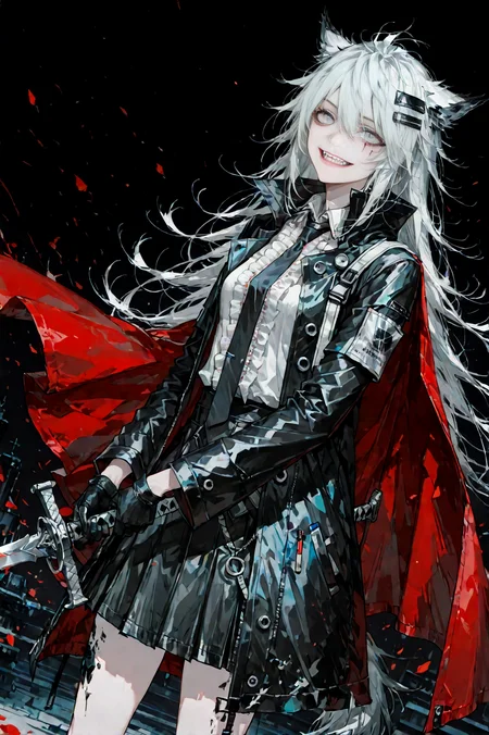 score_9, score_8_up, score_7_up, 1girl, solo, ultra detailed, lappland (arknights), dynamic angle, dynamic pose, long hair, white hair, wolf ears, crazy smile, sharp teeth, black coat, white frilled shirt, black necktie, black gloves, black skirt, red cape, holding weapon, sword, dark background, <lora:add_detail:1> <lora:Expressive_H:1>
