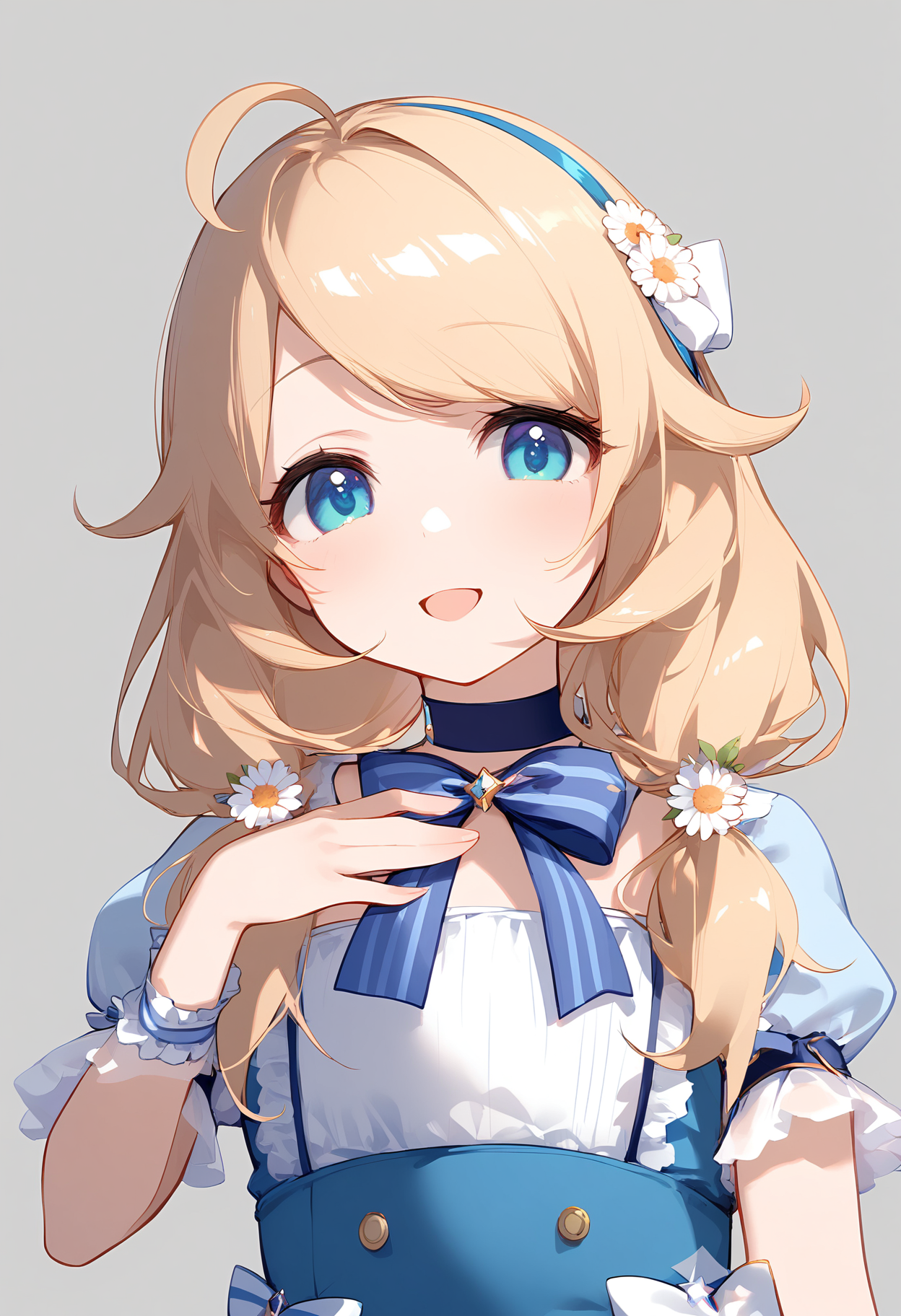 1girl,
yusa kozue,


ahoge, blush, choker, simple background, grey background, looking at viewer, open mouth, arm garter, smile, solo, blonde hair, light blush, white ribbon, bow, blue bowtie, ribbon, bowtie, hand up, blue choker, short sleeves, hair ornament, blue bow, hand on own chest, flower, twintails, blue dress, blue eyes, long hair, frilled dress, frills, low twintails, dress, upper body, hair flower,

sfw
<lora:a31_char_new_yusa_kozue-000010:1> <lora:a31_style_koni-000010:0.8>