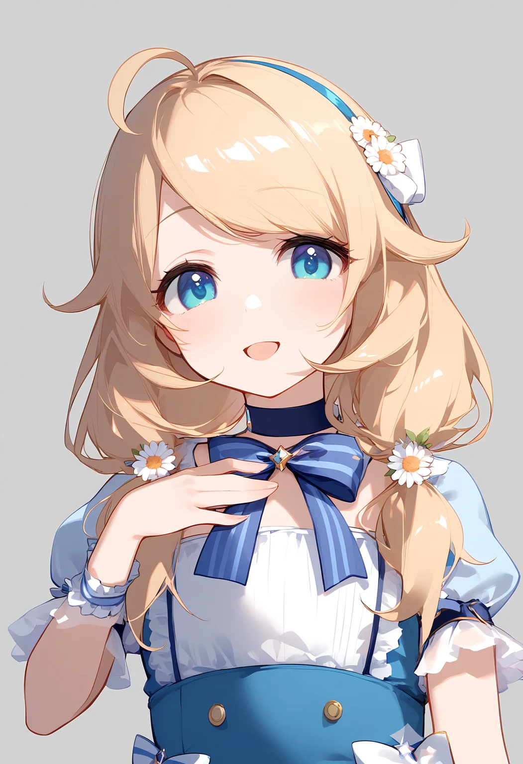 1girl,
yusa kozue,
ahoge, blush, choker, simple background, grey background, looking at viewer, open mouth, arm garter, smile, solo, blonde hair, light blush, white ribbon, bow, blue bowtie, ribbon, bowtie, hand up, blue choker, short sleeves, hair ornament, blue bow, hand on own chest, flower, twintails, blue dress, blue eyes, long hair, frilled dress, frills, low twintails, dress, upper body, hair flower,
sfw
<lora:a31_char_new_yusa_kozue-000010:1> <lora:a31_style_koni-000010:0.8>