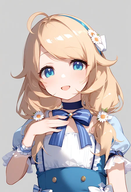 1girl,
yusa kozue,
ahoge, blush, choker, simple background, grey background, looking at viewer, open mouth, arm garter, smile, solo, blonde hair, light blush, white ribbon, bow, blue bowtie, ribbon, bowtie, hand up, blue choker, short sleeves, hair ornament, blue bow, hand on own chest, flower, twintails, blue dress, blue eyes, long hair, frilled dress, frills, low twintails, dress, upper body, hair flower,
sfw
<lora:a31_char_new_yusa_kozue-000010:1> <lora:a31_style_koni-000010:0.8>
