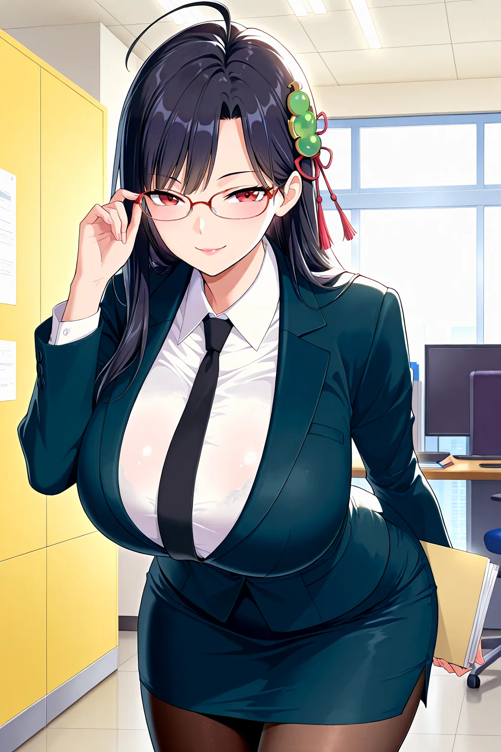 front view,office,blazer,shirt,black necktie,leaning forward,secretary,holding files,
1girl,mature female,milf,huge breasts,narrow waist,wide hips,looking at viewer,seductive smile,full body,standing,pantyhose,pencil skirt,miniskirt,cowboy shot,glasses,adjusting eyewear,
Best quality,masterpiece,soft light,official art,high quality,highres,absurdres,epic scene,natural textures,<lora:Huang Xiaoyan IL V2:1>,huang xiaoyan,red eyes,long hair,black hair,parted bangs,hair ornament,ahoge,