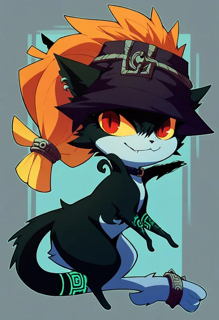 Midna imp form (score_9, score_8_up), score_7_up, score_6_up, (feral), 1girl, cute, cat girl, furry, anthro, solo, witch hat, (body fur), (black body, black skin, black fur), eyelashes, eyeliner,,orange hair, red eyes, yellow sclera), (long hair, messy hair, wild hair), animal ears, smirk, stripes, slit pupils, beautiful eyes, thin tail, tail ring, punk, piercings, collar, paws, uncensored solo, hat, witch hat