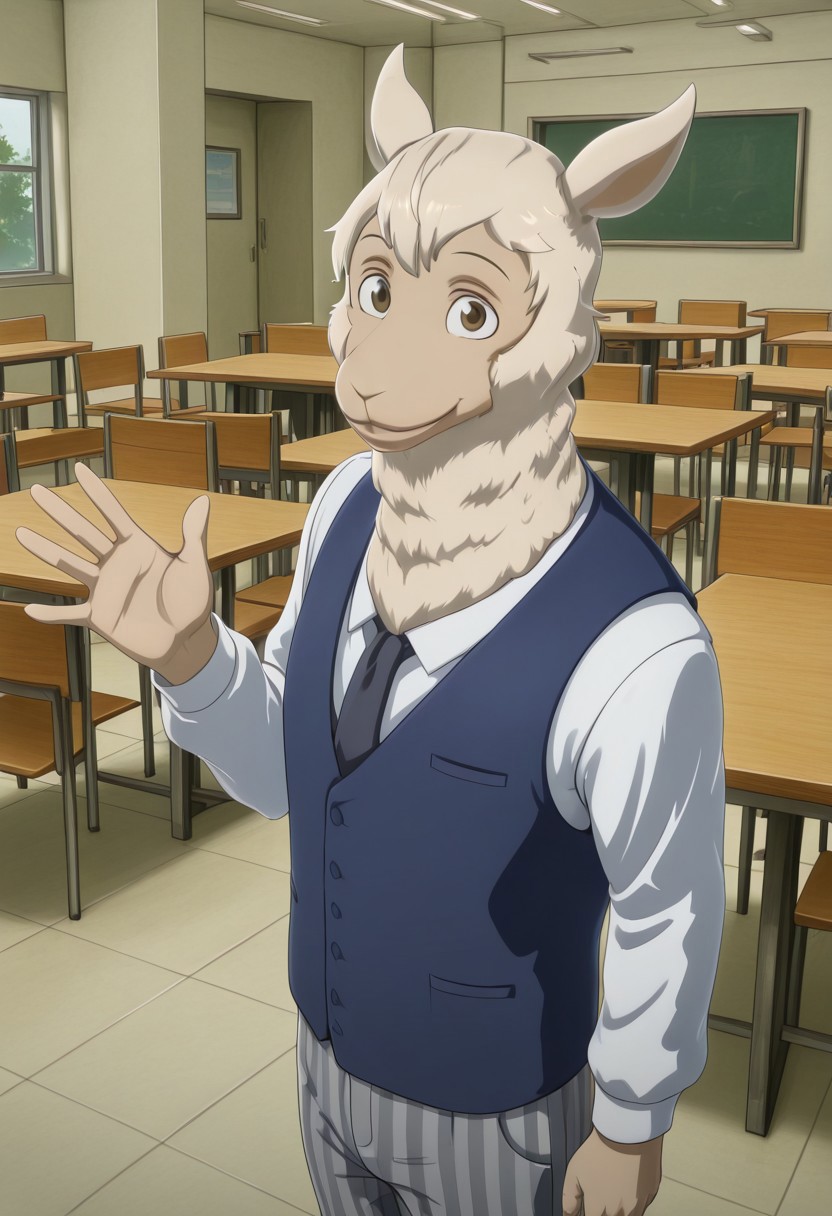 masterpiece, best quality, amazing quality, very aesthetic, absurdres, newest,  high quality, detailed, male, solo male, Tem, 1boy, mature male, male, anthro, alpaca, animal ears, brown eyes, light skin, white wool, white long sleeve shirt, blue vest, striped grey pants, standing, half body, indoors, cafeteria, looking at viewer, smiling, one hand raised, waving, greeting