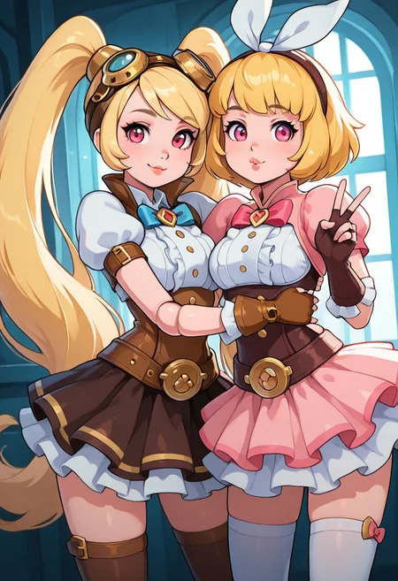 masterpiece, best quality, curvy, beautiful eyes, narrow waist, wide hips, smile, looking at viewer, dynamic angle, foreshortening, close up,     k4w4iim1r41, cute outfit, pastel clothes,  
(2girls:1.1), 
zzLayla, twintails, blonde, blonde hair, long hair, very long hair, red eyes, goggles, goggles on head, gloves, thighhighs, skirt, short sleeves, fingerless gloves, puffy sleeves, brown gloves, puffy short sleeves,
side by side, hug, 
angelamobile, looking at viewer, short hair, blonde hair, gloves, long sleeves, bow, ribbon, long hairband, bowtie, pink eyes, blue bow, brown gloves, pink clothes, puffy lips, v, joints,