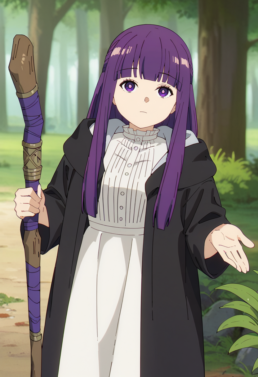 score_9, score_8_up, score_7_up,
<lora:SousouNoFrieren_FernXL:0.9>, FernSSnF,
1girl, solo, closed mouth,
purple hair, long hair, purple eyes, bright pupils, blunt bangs,
FernCasual,  white dress, black robe, open clothes, hood, frilled collar, holding staff,
standing, looking at the viewer,
fantasy, medieval, photo background, forest, tree, moss, stream, stone, leaf, maple tree, grass, nature, blurry background