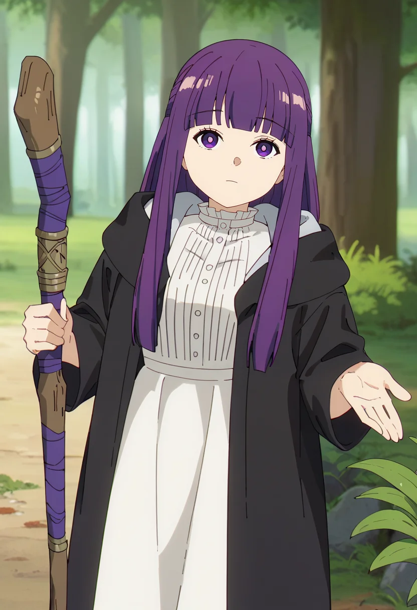 score_9, score_8_up, score_7_up,
<lora:SousouNoFrieren_FernXL:0.9>, FernSSnF,
1girl, solo, closed mouth,
purple hair, long hair, purple eyes, bright pupils, blunt bangs,
FernCasual, white dress, black robe, open clothes, hood, frilled collar, holding staff,
standing, looking at the viewer,
fantasy, medieval, photo background, forest, tree, moss, stream, stone, leaf, maple tree, grass, nature, blurry background