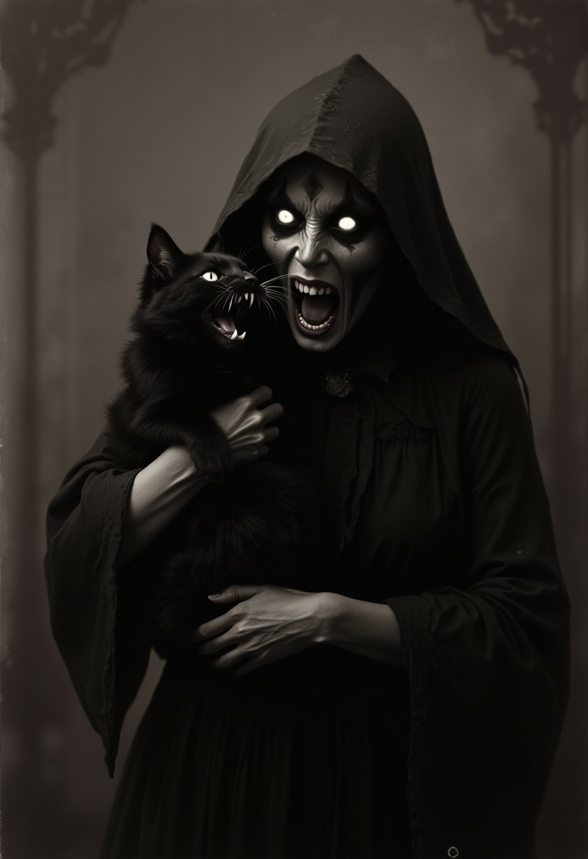 Demon witch with white eyes and fangs carrying a screaming black cat, grainy photograph from 1902, creepy, scary, --ar 2:3.1902, creepy, crying baby, dark, demon, creepy, fangs, grainy photo, witch, haunting, horror, paranormal, scary, supernatural, white eyes