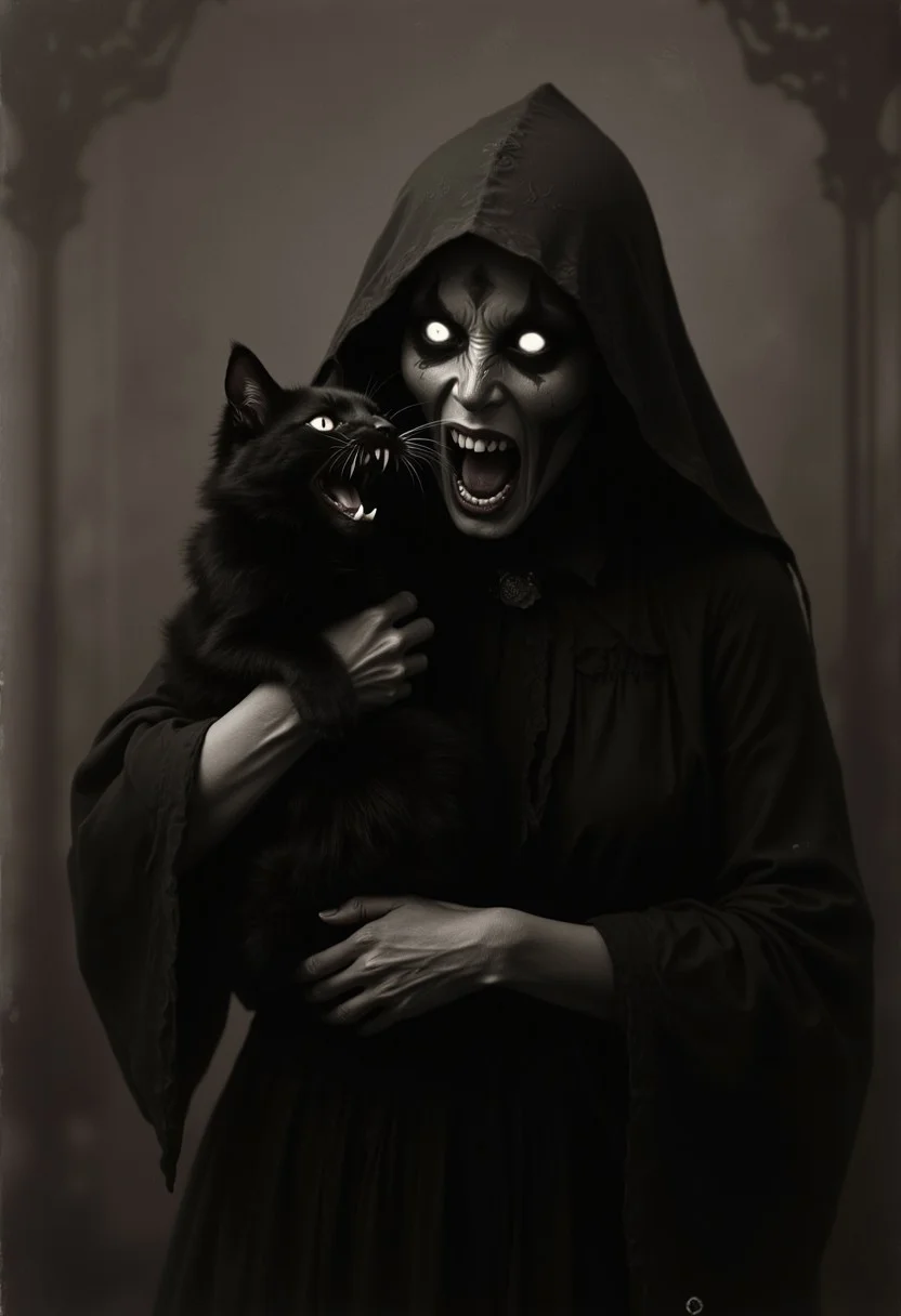 Demon witch with white eyes and fangs carrying a screaming black cat, grainy photograph from 1902, creepy, scary, --ar 2:3.1902, creepy, crying baby, dark, demon, creepy, fangs, grainy photo, witch, haunting, horror, paranormal, scary, supernatural, white eyes