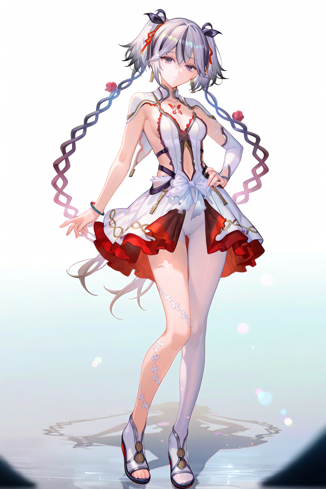 8k, best quality, masterpiece, (ultra-detailed), (high detailed skin), 
((artist:reoen),(artist:fuzichoco),(artist:atdan),(artist:torino_aqua),year 2024:0.8)1girl, [artist:wlop], [artist:ningen_mame], artist:ciloranko, [[artist:rhasta]], artist:tidsean, colorful, detailed light, light leaks, sunlight, bokeh, blurry foreground, ray tracing, lens flare, cinematic lighting, 
full body, full shot, standing, looking at viewer, (solo:1.2), simple background, (white background:1.2), hand on own hip, (white background:1.1), 
<lora:chun-noob-Tanger-000013:0.8>, chun, white chun-def dress, 1girl, red floral tattoo on chest, breasts, twintails, multicolored hair, grey hair, grey eyes, dress, white single pantyhose, 
A full-body portrait of a young girl, standing gracefully, pastel art style, high-key lighting, shoujo manga influence, hd quality, delicate details,