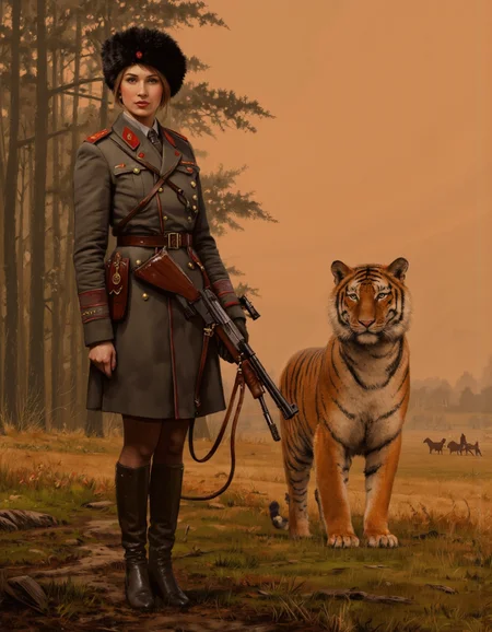 By Jakub Rozalski. A digital illustration shoot from the side about a female soldier in a military uniform holding a gun next to a large tiger in a misty forest setting. on the left of the image, a 1woman, who appears to be in her mid-twenties, stands confidently with a stern expression, wearing a dark military-style coat with red epaulettes and a black fur hat. she is holding a large gun in her right hand and a whip in her left hand, standing in a grassy field with trees in the background. the tiger is standing on all fours, looking directly at the viewer with its large, expressive green eyes. the background is a hazy, misty orange sky with a few distant horses in the distance, adding to the sense of movement and intensity in the scene. the artist's signature is in the bottom right corner, adding a touch of realism to the image.